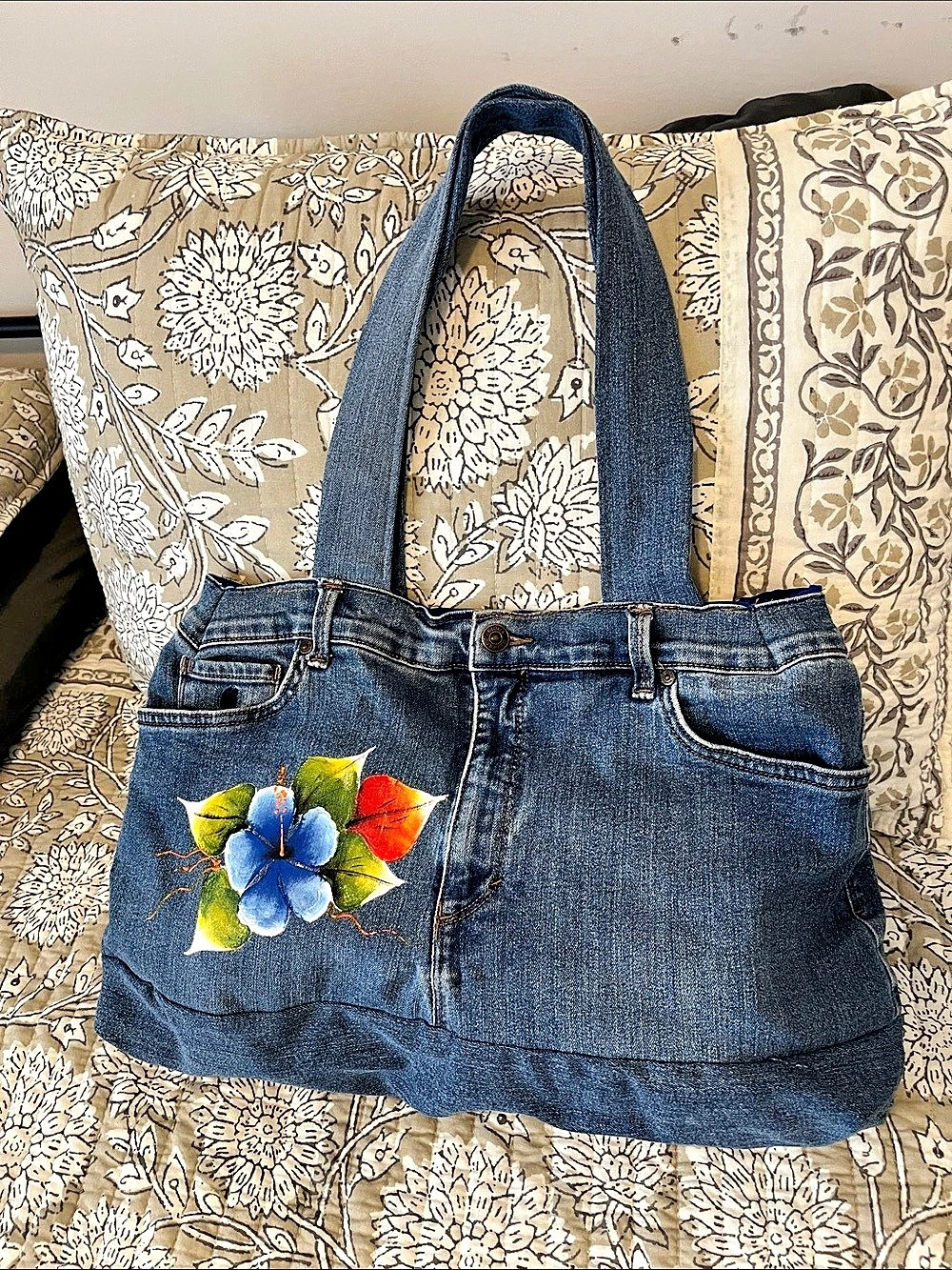 Embroidered Denim Tote in Blue & Multicolor